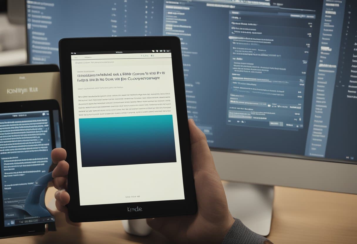 Uma tela de computador exibindo um arquivo ePub sendo convertido para o formato Kindle. A barra de progresso da conversão é visível, e a interface do software é limpa e amigável.