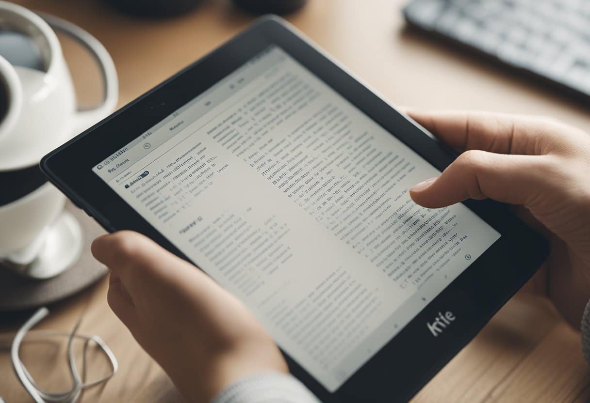 Uma pessoa usando um Kindle para organizar tarefas e fazer anotações em um espaço de trabalho aconchegante e bem iluminado