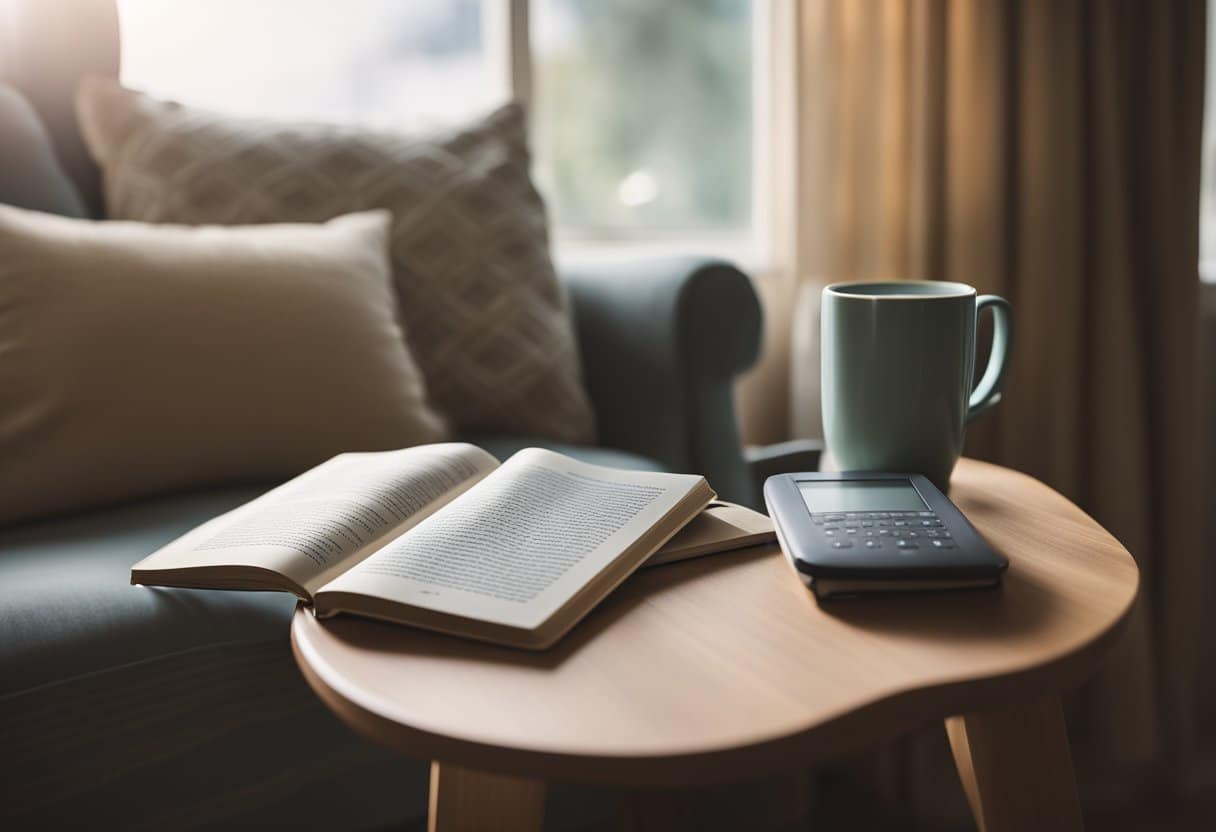 Um cantinho de leitura aconchegante com um Kindle e uma pilha de livros de não-ficção, uma xícara de chá quente e uma cadeira confortável perto de uma janela ensolarada