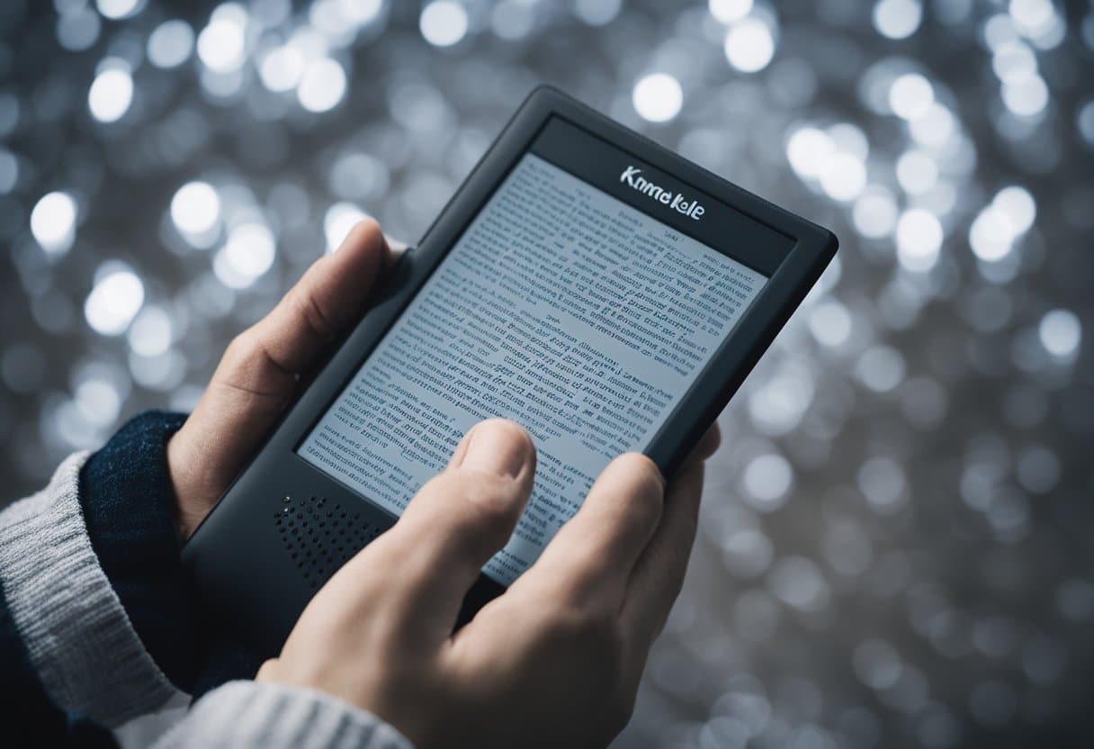 A mão de uma pessoa segurando um Kindle congelado, com uma expressão frustrada
