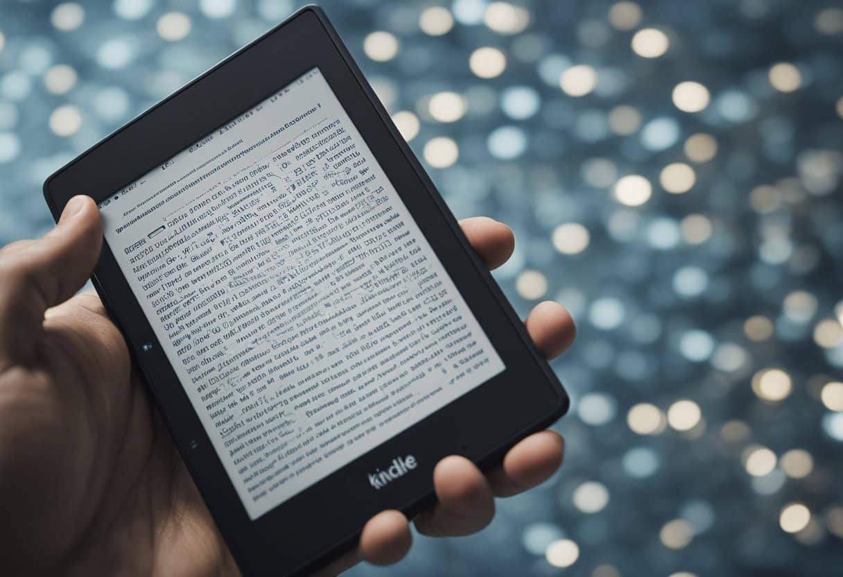 Uma mão se estendendo para digitar uma senha em um Kindle, com um símbolo de cadeado na tela