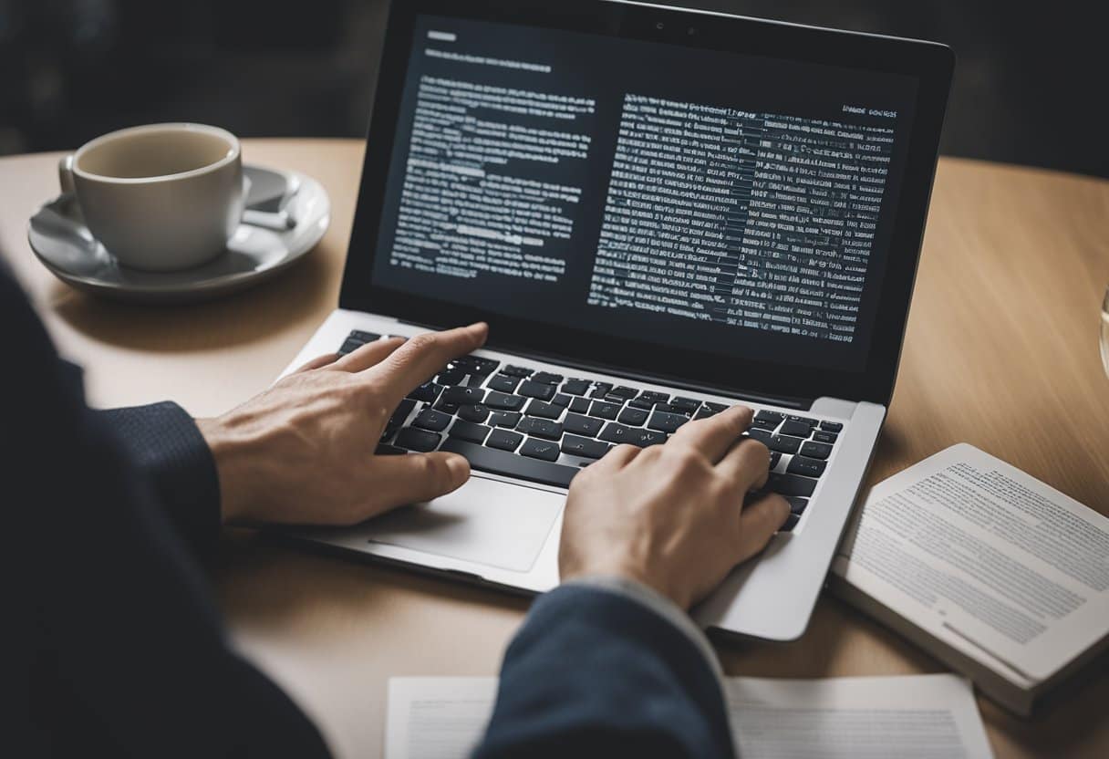 Uma pessoa usando um laptop para solucionar a falta de e-books em um Kindle, cercada por e-books espalhados e com uma expressão frustrada.