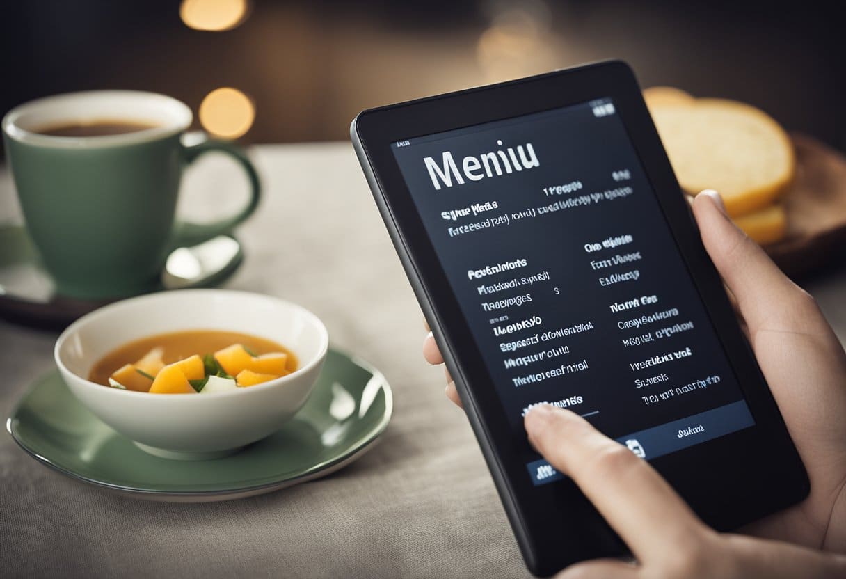Uma mão se estendendo para pressionar o botão "Menu" em um Kindle, em seguida, selecionando "Configurações" e "Atualizar seu Kindle" nas opções do menu.