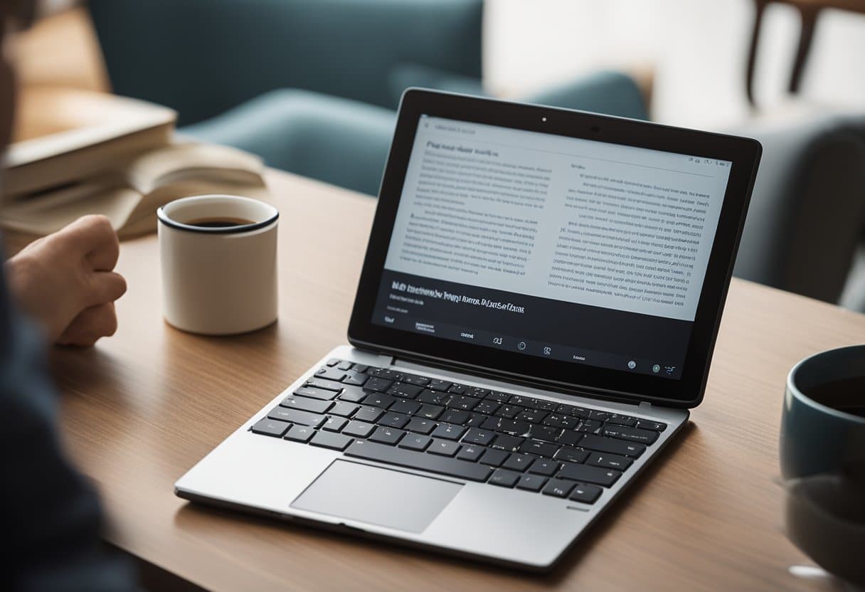 Uma pessoa usando um laptop para converter um arquivo PDF em um formato compatível com o Kindle, com o dispositivo Kindle próximo.