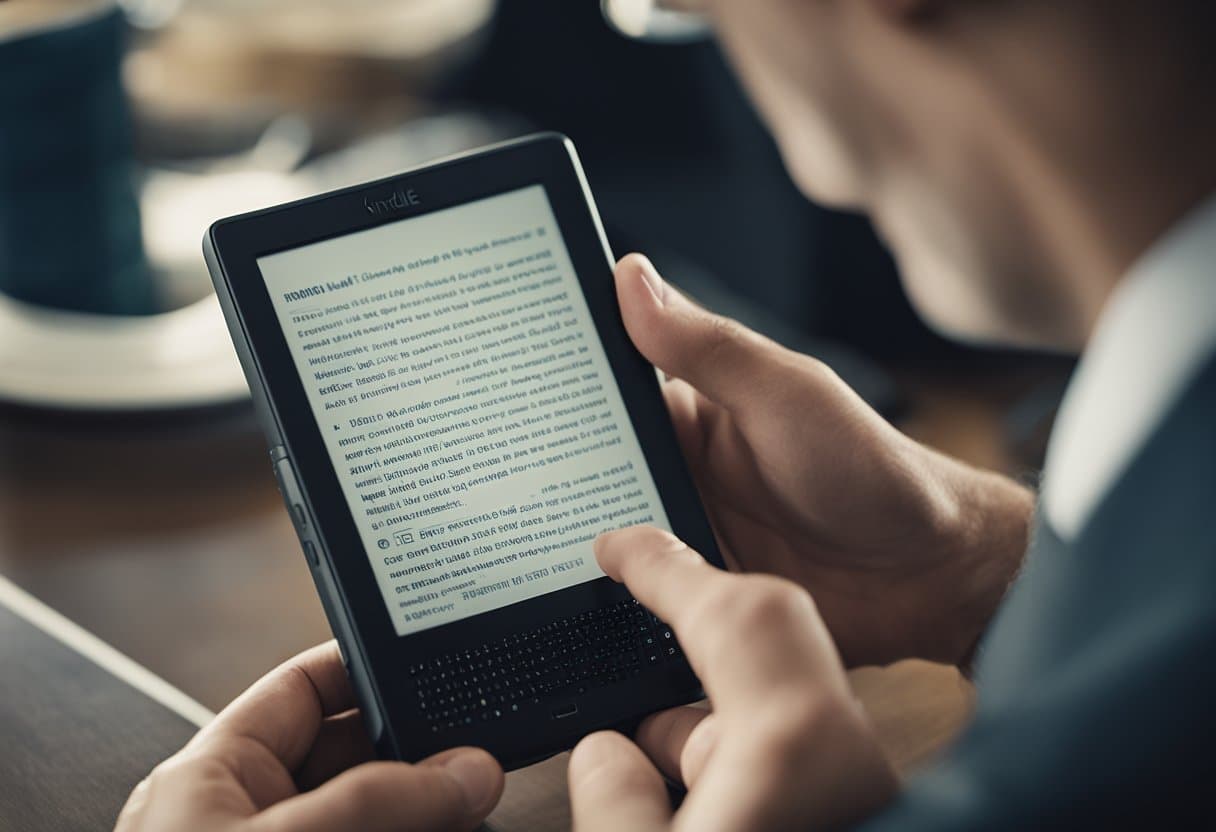 Um usuário frustrado segura um Kindle, tentando inserir um cartão de crédito no dispositivo. A tela do Kindle exibe uma mensagem de erro enquanto o usuário parece perplexo.
