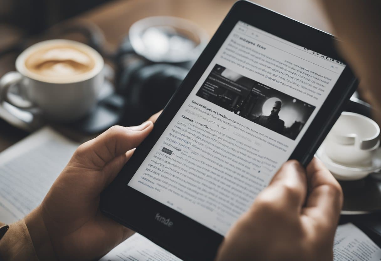 Uma pessoa usando um Kindle, criando listas de leitura, organizando tags e fazendo backup de seu dispositivo