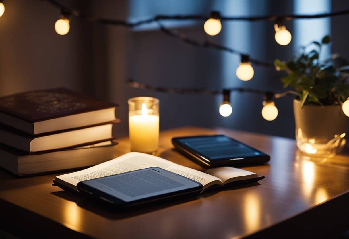 Um canto de leitura aconchegante com uma pilha de livros físicos e um Kindle iluminado em uma mesa, cercado por uma atmosfera quente e convidativa.
