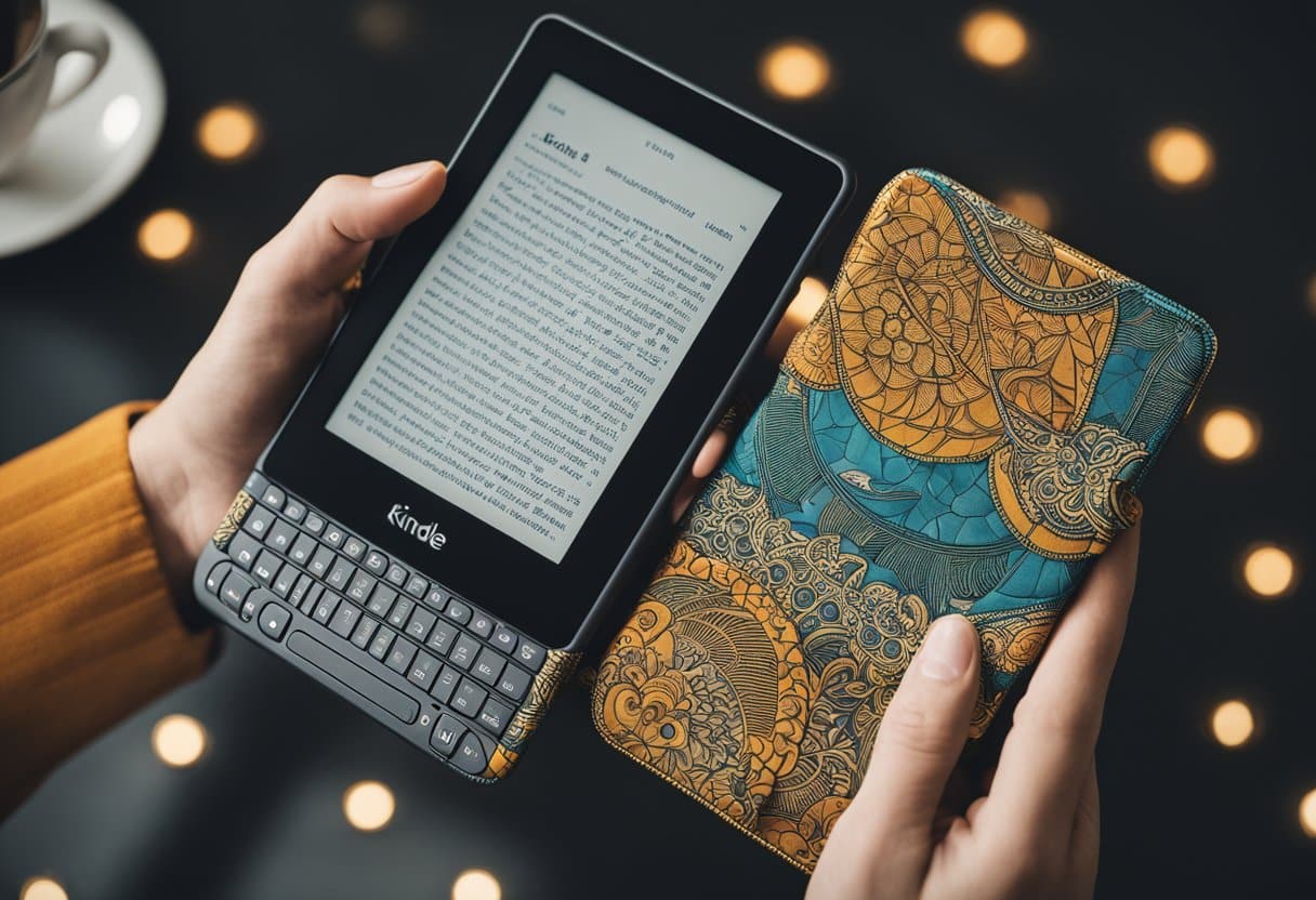 Um Kindle cercado por uma variedade de capas protetoras, exibindo diferentes cores e designs.
