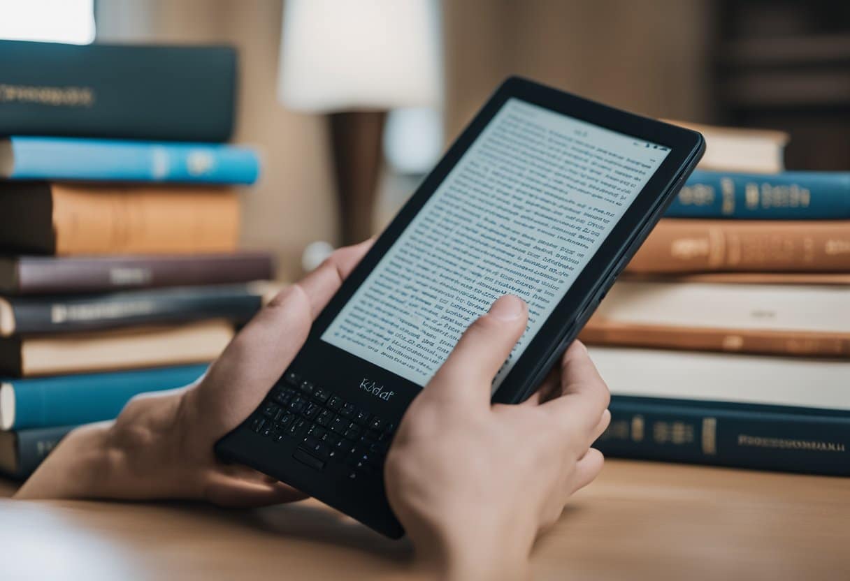 Uma pessoa segurando um e-reader Kindle com uma pilha de livros importados ao lado. A pessoa está olhando para a tela com uma expressão pensativa.
