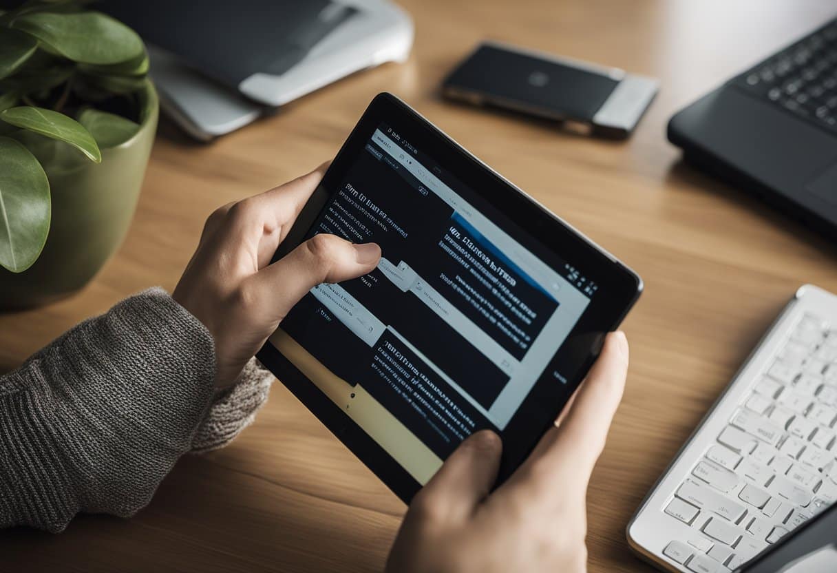 Uma pessoa sentada em uma mesa com um Kindle e um laptop, solucionando problemas e atualizando o software do Kindle.