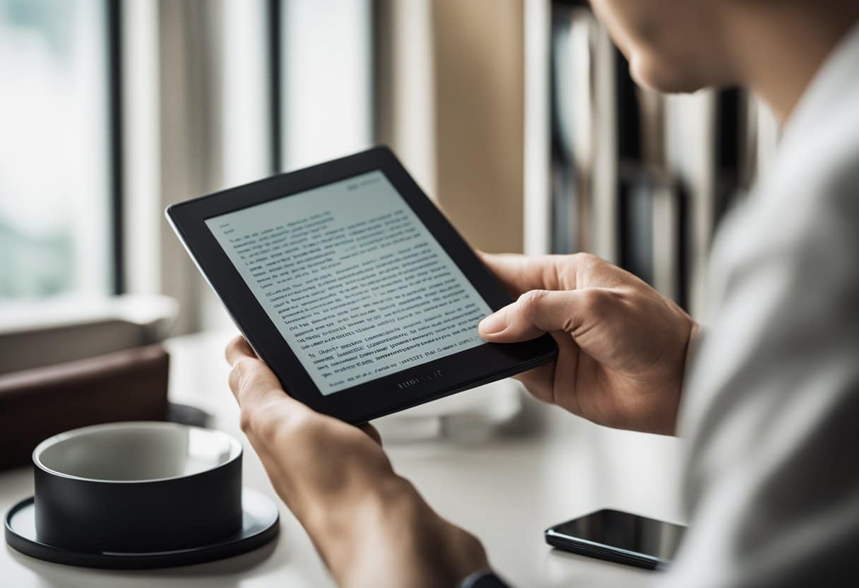 Uma pessoa segurando um Kindle enquanto olha confusa para um documento PDF na tela, com uma lupa pairando sobre a tela.