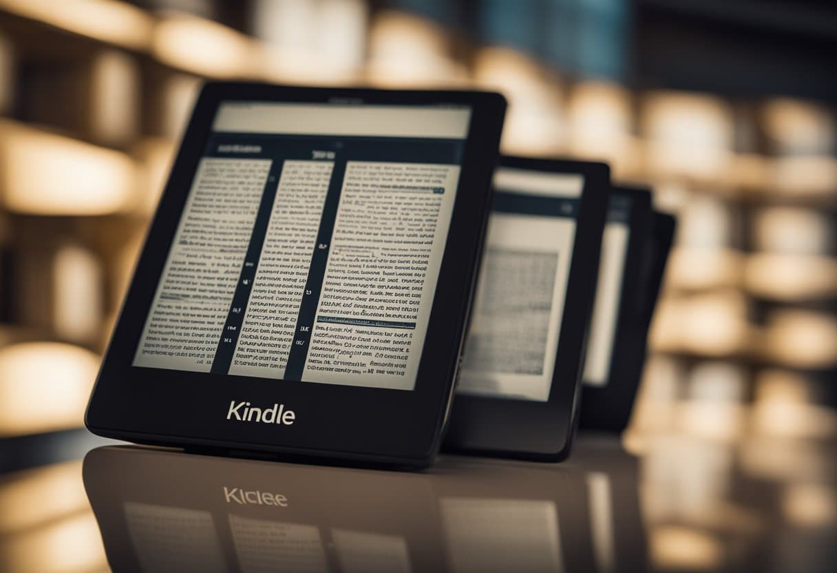 Livros dispostos em filas, com a data de aquisição mais antiga à esquerda e a mais recente à direita, exibidos na tela de um Kindle