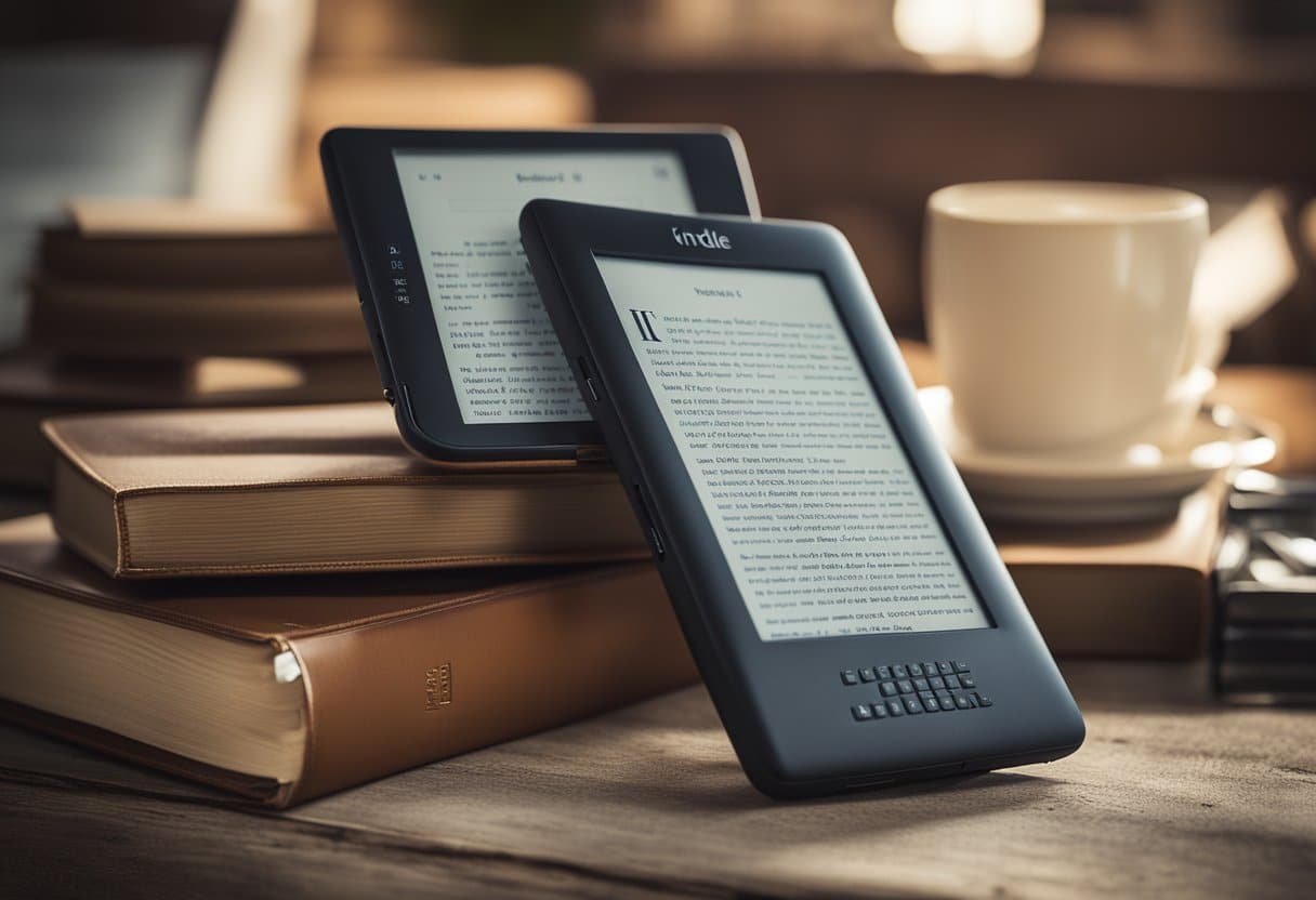 Um Kindle cercado por vários formatos de arquivo de eBook, com uma expressão confusa